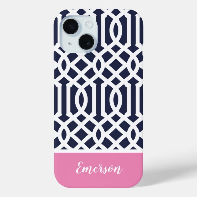 Navy and Pink Trellis Monogram Case-Mate iPhone Case (Back)