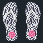 Navy and Pink Trellis Monogram Flip Flops<br><div class="desc">Custom printed flip flop sandals with a stylish modern trellis pattern and your custom monogram or other text in a circle frame. Click Customize It to change text fonts and colours or add your own images to create a unique one of a kind design!</div>