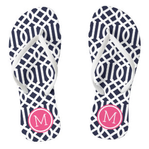 Navy and Pink Trellis Monogram Flip Flops