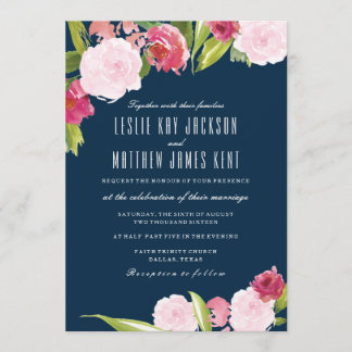 NAVY AND PINK WEDDING INVITATION WITH FLOWERS