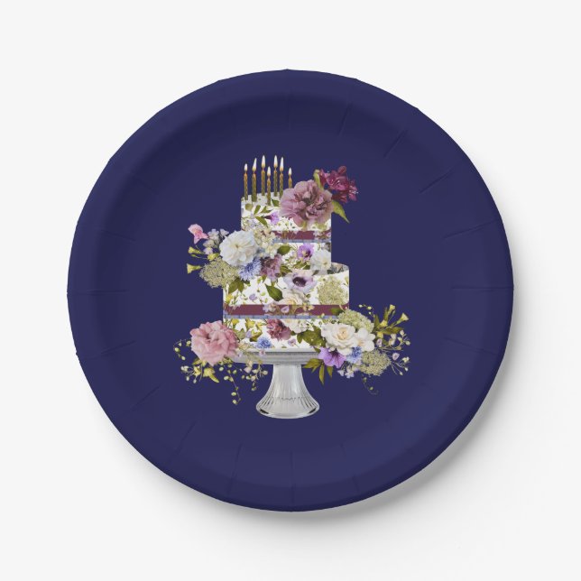 Navy and Purple Floral Cake Paper Party Plate (Front)