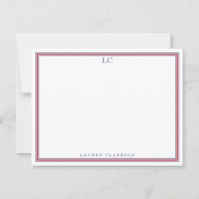 Navy and Red Border Monogram Stationery Note Card (Front)