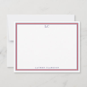 Navy and Red Border Monogram Stationery Note Card
