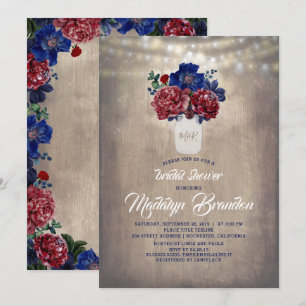 Navy and Red Floral Mason Jar Rustic Bridal Shower Invitation