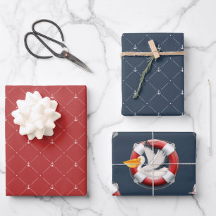 Navy and Red Nautical Patterns Wrapping Paper Sheet