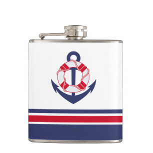 Navy and Red Nautical Stripes Hip Flask