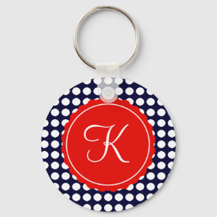 Navy and Red Polka Dots Custom Initial Keychain