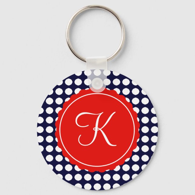 Navy and Red Polka Dots Custom Initial Keychain (Front)