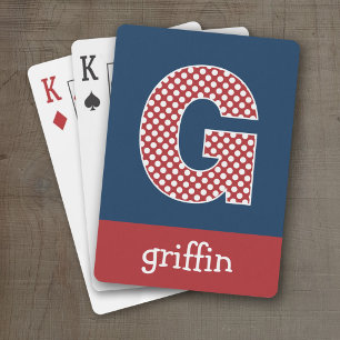 Navy and Red Polka Dots with Monogram Letter G Playing Cards
