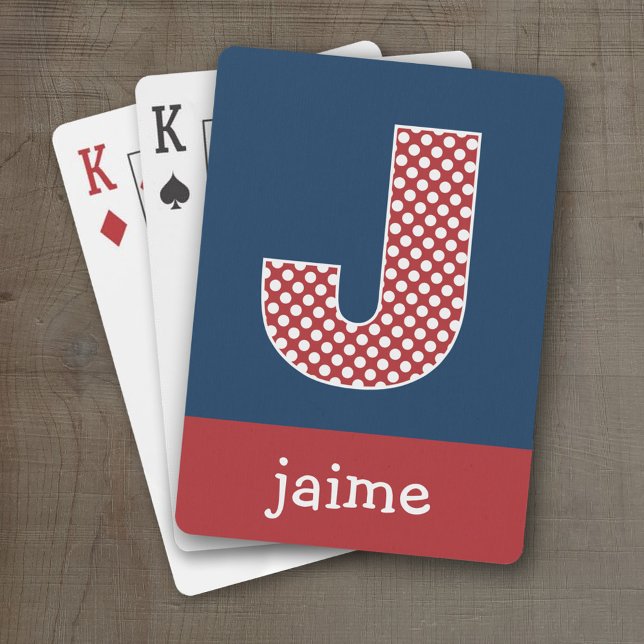 Navy and Red Polka Dots with Monogram Letter J Playing Cards (Personalized Playing Cards - Large Monogram)