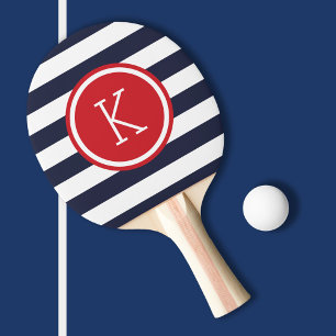 Navy and Red Preppy Stripes Monogram Ping Pong Paddle