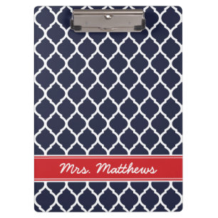 Navy and Red Quatrefoil Custom Monogram Clipboard