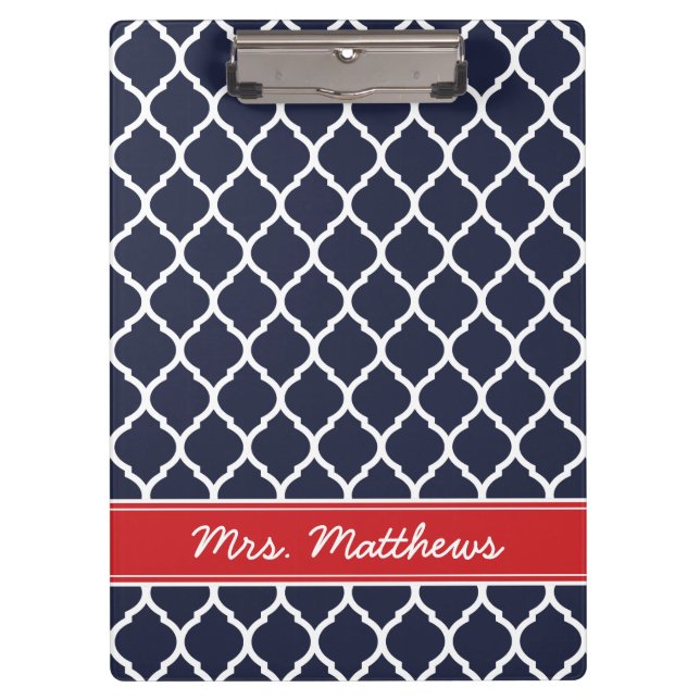 Navy and Red Quatrefoil Custom Monogram Clipboard (Front)