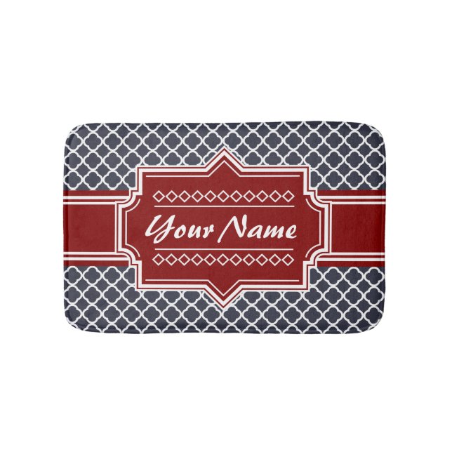 Navy and Red Quatrefoil Personalized Bath Mat (Front)