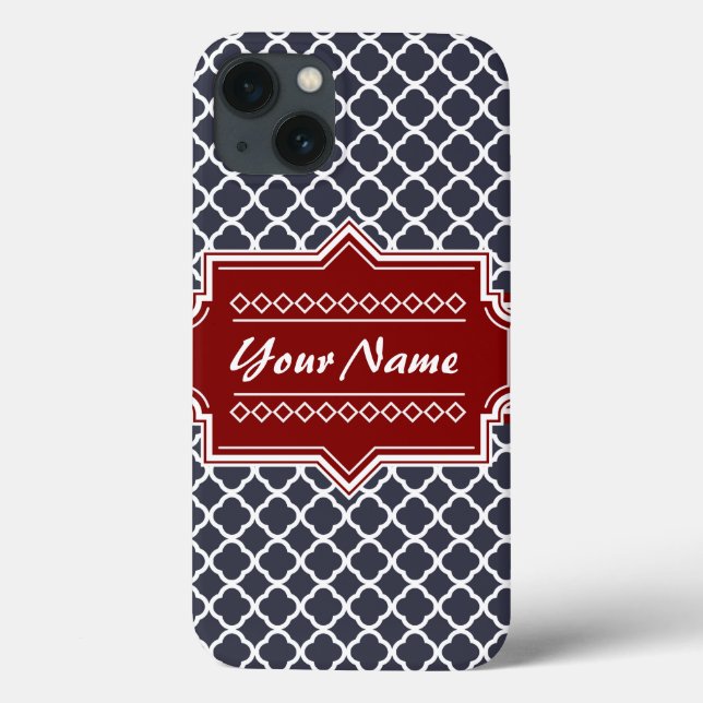 Navy and Red Quatrefoil Personalized Case-Mate iPhone Case (Back)