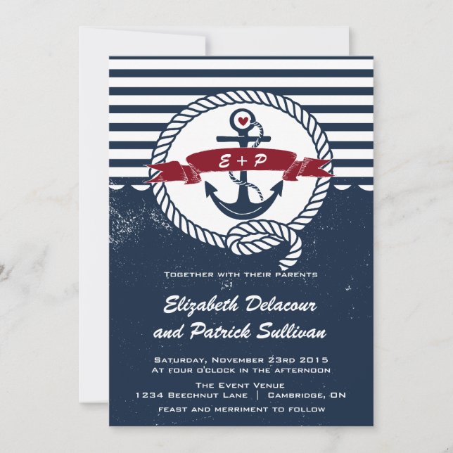 Navy and Red Rustic Nautical Wedding Invitation (Front)