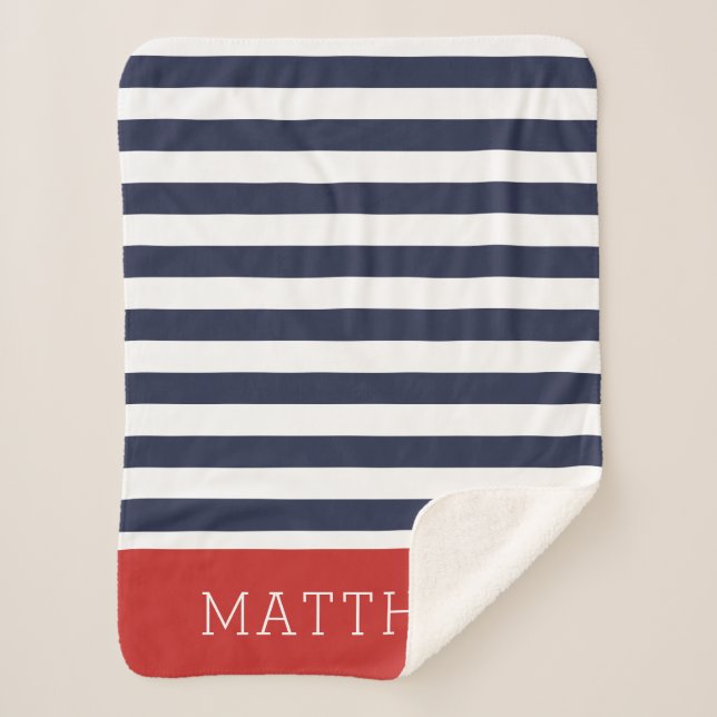 Navy and Red Stripes Monogram | Editable Colours Sherpa Blanket (Front)