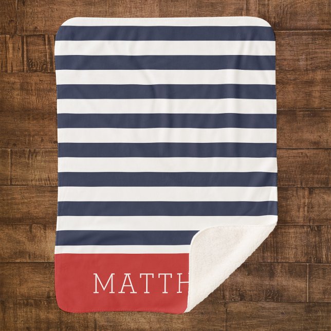 Navy and Red Stripes Monogram | Editable Colours Sherpa Blanket (Creator Uploaded)