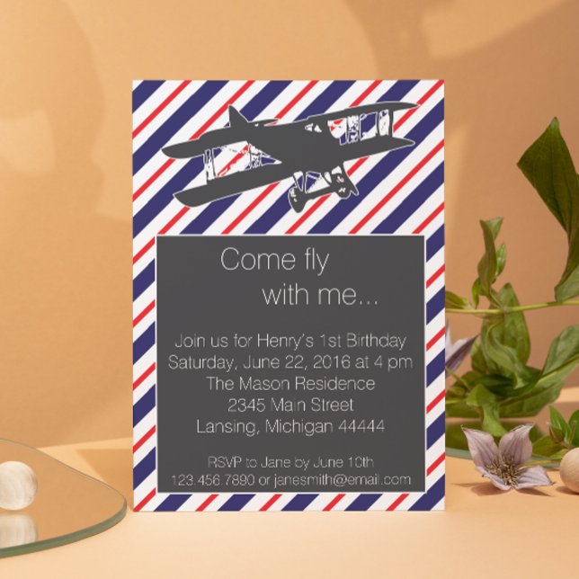 Navy and Red Vintage Airplane Birthday Invite (Creator Uploaded)