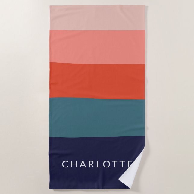 Navy and Red Wide Abstract Stripes Personalized Beach Towel (Front)