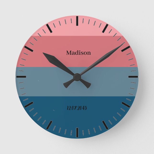 Navy and Red Wide Abstract Stripes Personalized  Round Clock (Front)