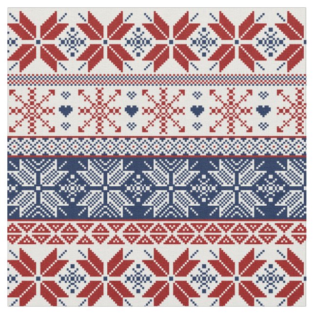 Navy and Red Winter Fair Isle Pattern Fabric (Close Up)