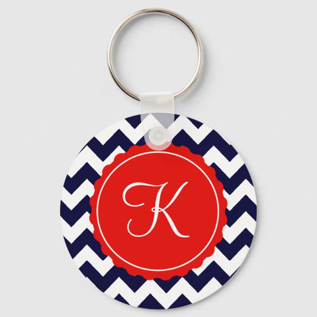 Navy and Red Zig Zag Custom Initial Keychain (Front)