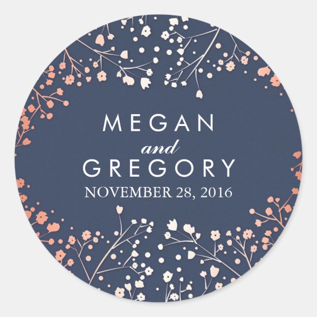 Navy and Rose Gold Baby's Breath Wedding Classic Round Sticker (Front)