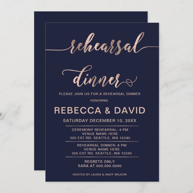Navy and Rose Gold Elegant Script Rehearsal Dinner Invitation (Front/Back)