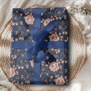 Navy and Rose Gold Floral Wrapping Paper