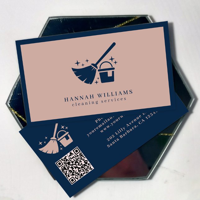 Navy And Rose Pink Cleaning Services QR code  Business Card (Creator Uploaded)