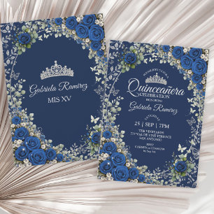 Navy and Royal Blue Quinceañera Silver Butterfly Invitation
