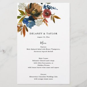 Navy and Rust Watercolor Floral Paper Menu