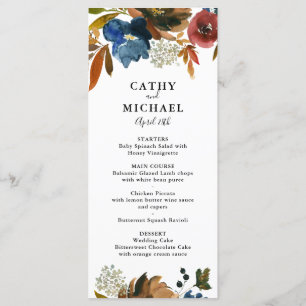Navy and Rust Watercolor Floral Wedding Menu Card