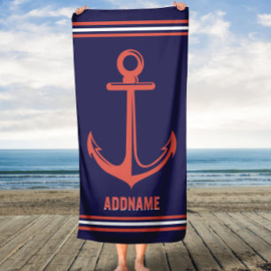 Navy and Rusty Orange Anchor Custom Name Beach Towel
