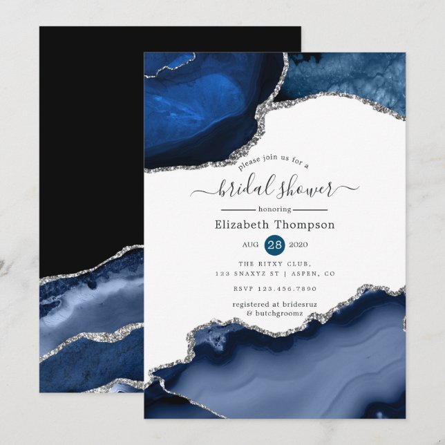 Navy and Silver Agate Bridal Shower Invitation (Front/Back)