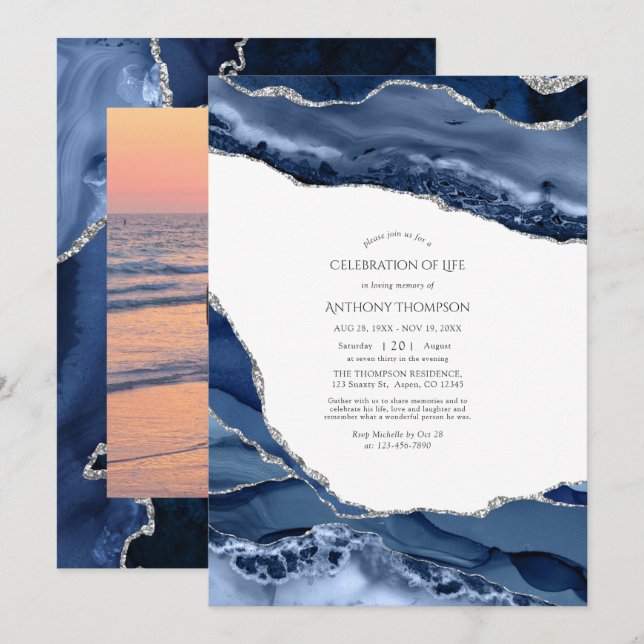 Navy and Silver Agate Celebration of Life Photo Invitation (Front/Back)
