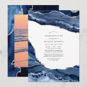 Navy and Silver Agate Celebration of Life Photo Invitation