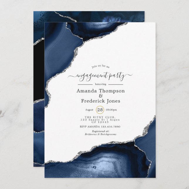 Navy and Silver Agate Engagement Party Invitation (Front/Back)