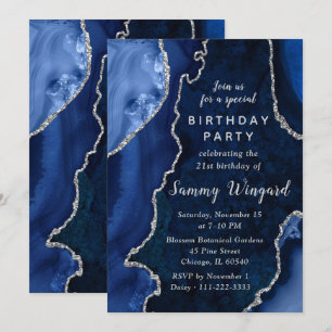 Navy and Silver Agate Marble 21st Birthday Party Invitation