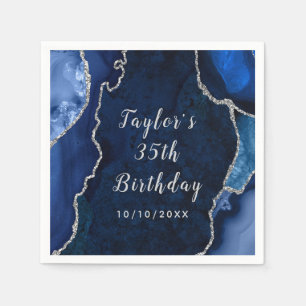 Navy and Silver Agate Marble Birthday Napkin