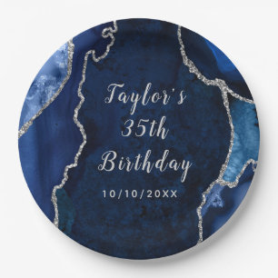 Navy and Silver Agate Marble Birthday Paper Plate