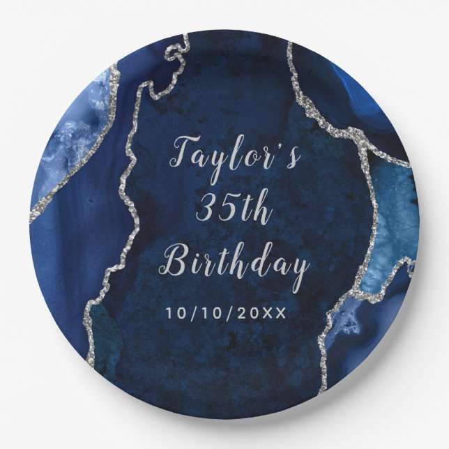 Navy and Silver Agate Marble Birthday Paper Plate (Front)
