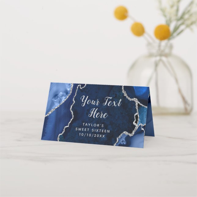 Navy and Silver Agate Marble Sweet Sixteen Place Card (Front)