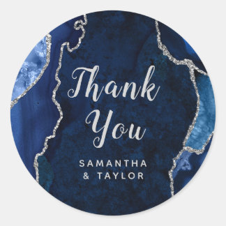 Navy and Silver Agate Marble Thank You Wedding Classic Round Sticker