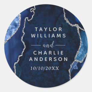 Navy and Silver Agate Marble Wedding Classic Round Sticker