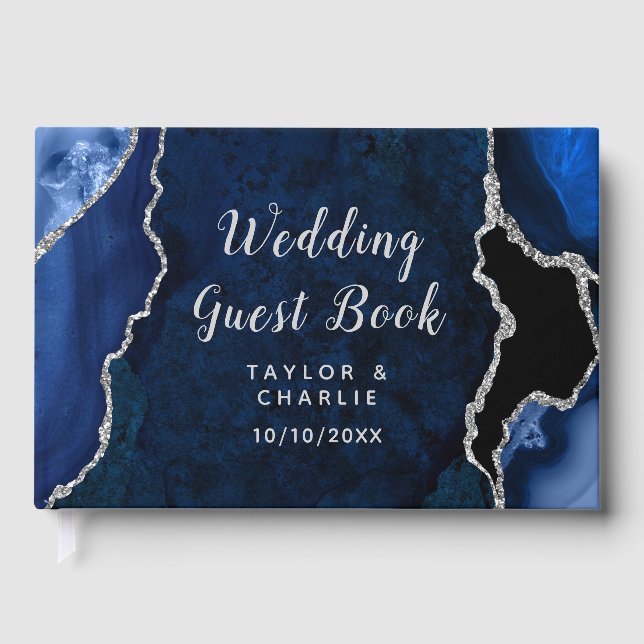 Navy and Silver Agate Marble Wedding Guest Book (Front)