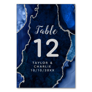 Navy and Silver Agate Marble Wedding Table Number