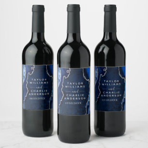 Navy and Silver Agate Marble Wedding Wine Label