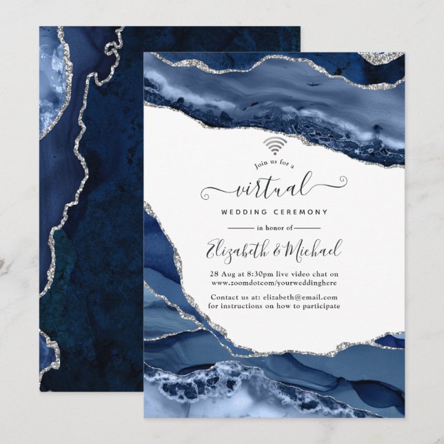 Navy and Silver Agate Online Virtual Wedding Invitation (Front/Back)